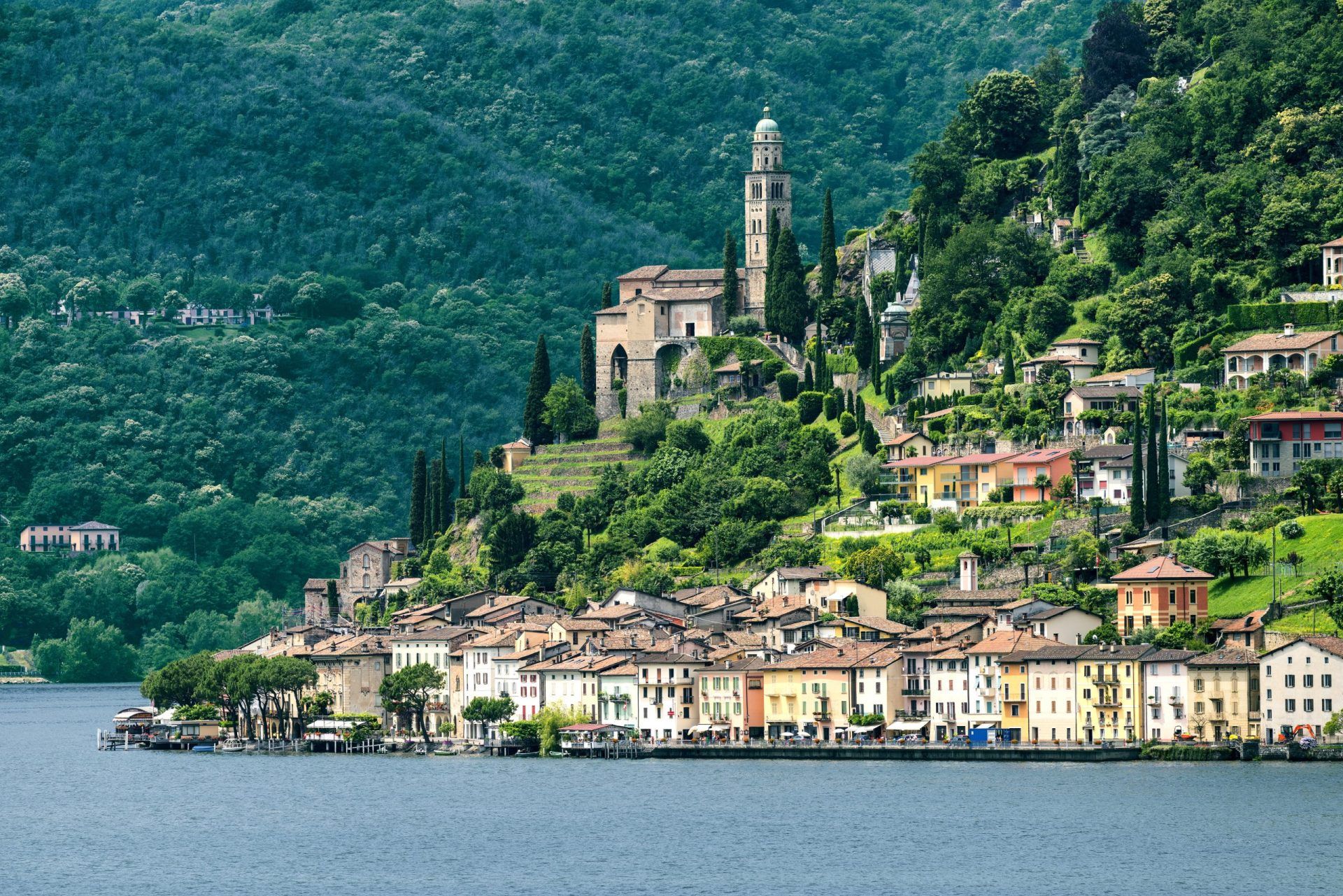 Italian lakes | The Ceresio Lake (Ticino, Switzerland)), landscape at summer. Church of Santa Maria del Sasso seen from Brusino Arsizio