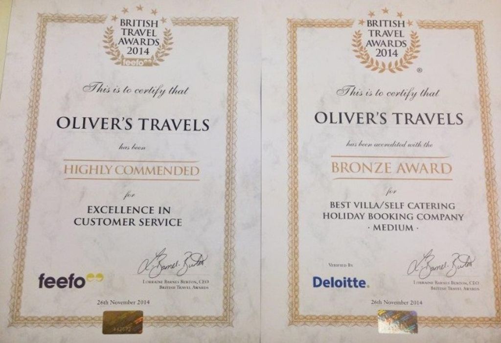 Oliver's Travels Wins a BTA award - Luxury villas to rent