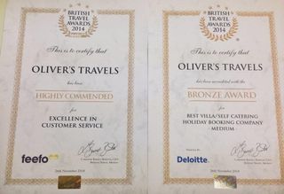 Oliver's Travels Wins a BTA award - Luxury villas to rent