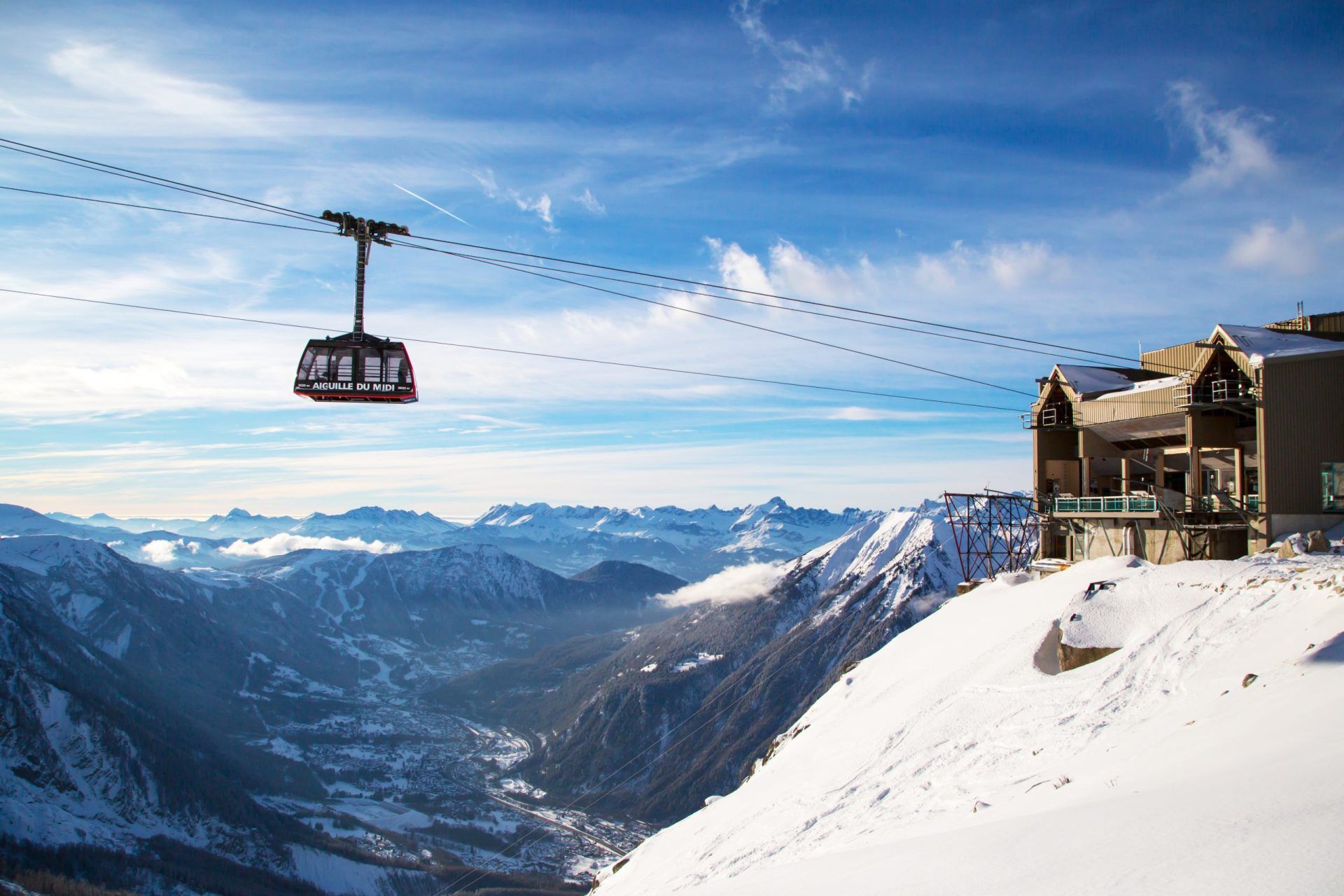 Chamonix, France - January , 28, 2015: Cable Car from Chamonix to the summit of the Aiguille du Midi and lift station high in the mountains Chamonix, France.