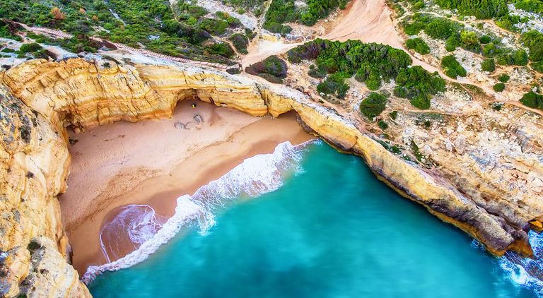 Algarve, Portugal: aerial UAV photo of the coast at sunset