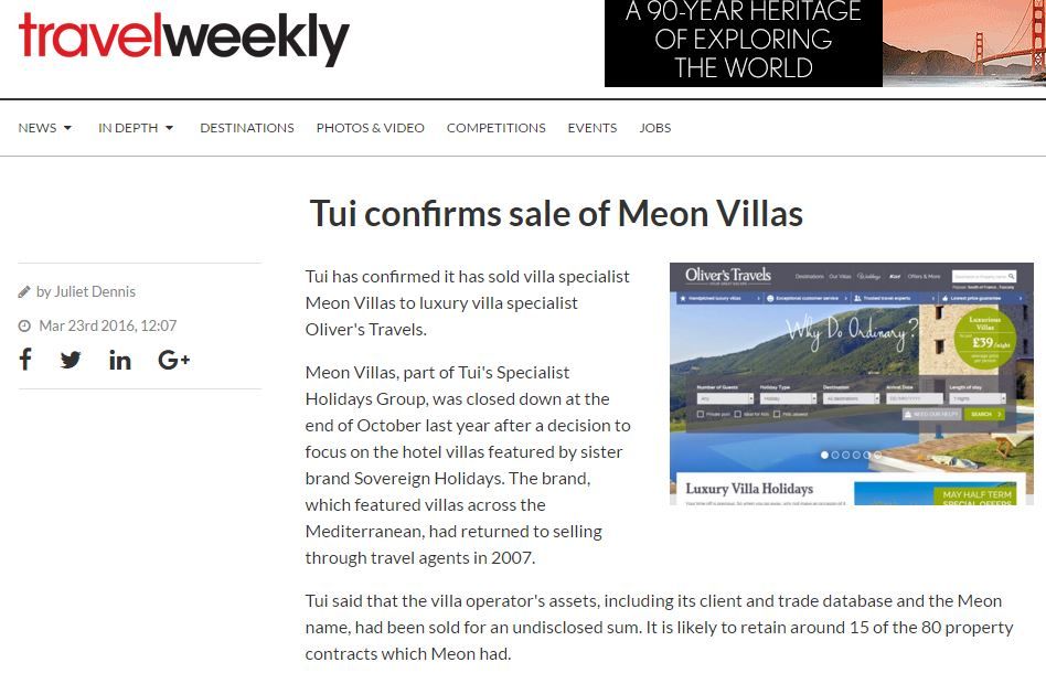 travelweekly - Meon acquisition - Oliver's Travels