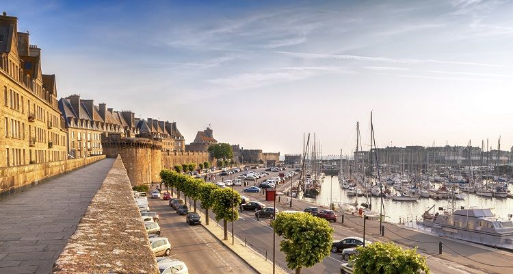Saint Malo, France, at sunrise. Historic walls and harbor.
