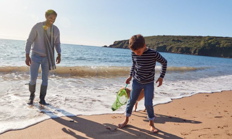 Father And Son With Dog Walking Along Beach By Breaking Waves On Beach Holding Fishing Net