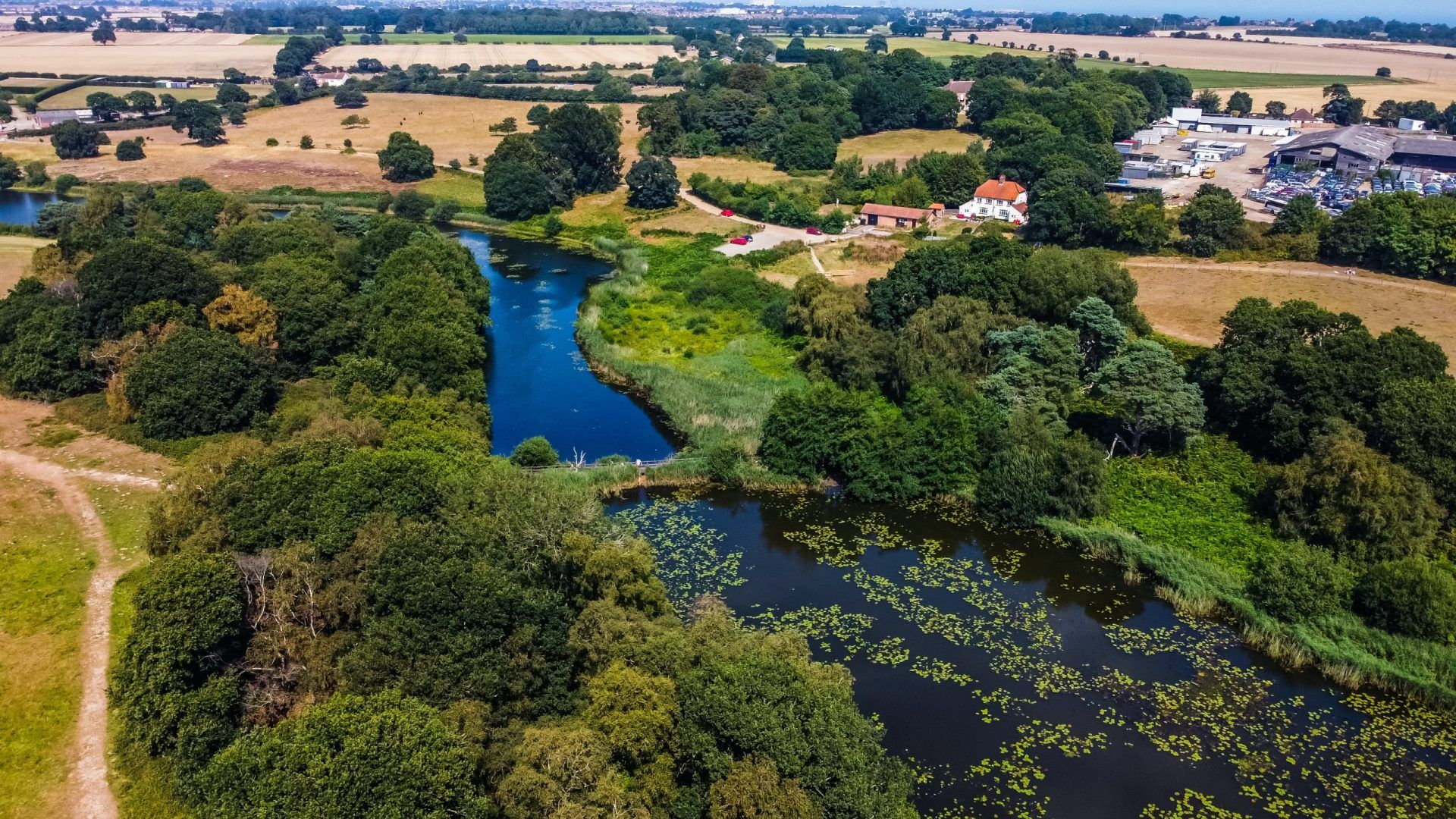 Suffolk countryside from a birdseye view with river