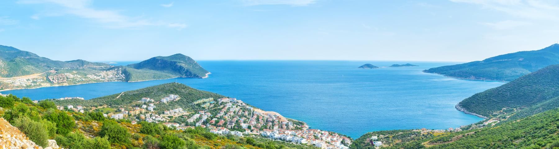 View of a village in Kalkan, Turkey, outlooking to the sea