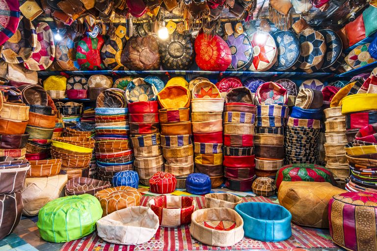 Variety Of Leather Poufs Sold In Huge Shop Next To Tannery In Fes, Morocco
