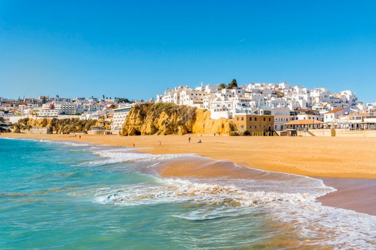 Wide, Sandy Beach In Albufeira, Algarve, Portugal