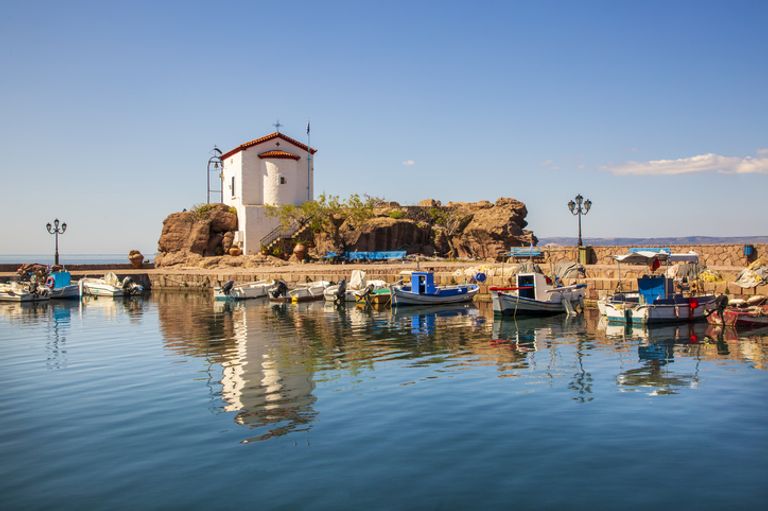 The Church Of Panagia Gorgona Situated On A Rock In Skala Sykamias.