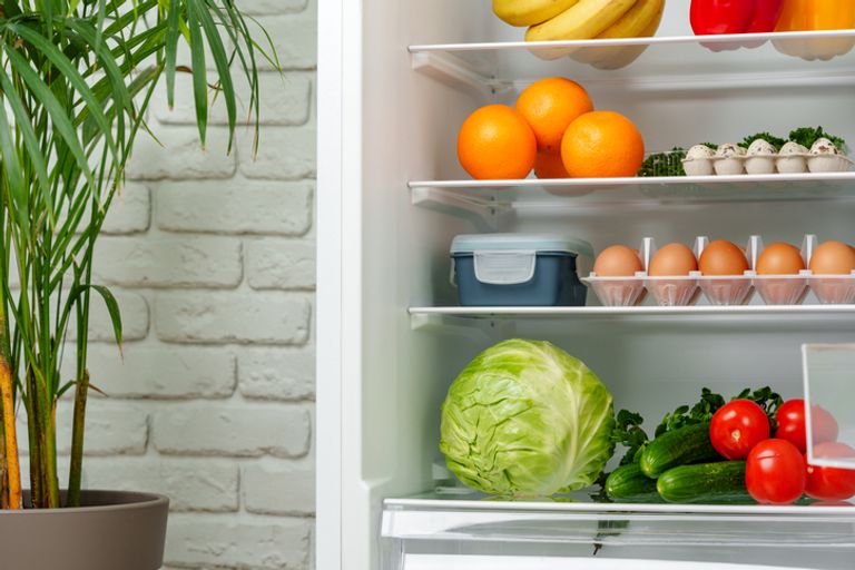 Stocked open fridge